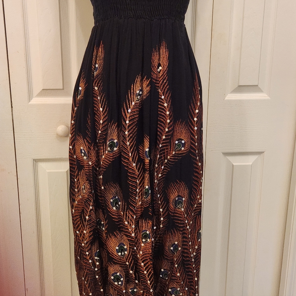Cassie Boho Black Maxi Dress with Peacock Feather Design